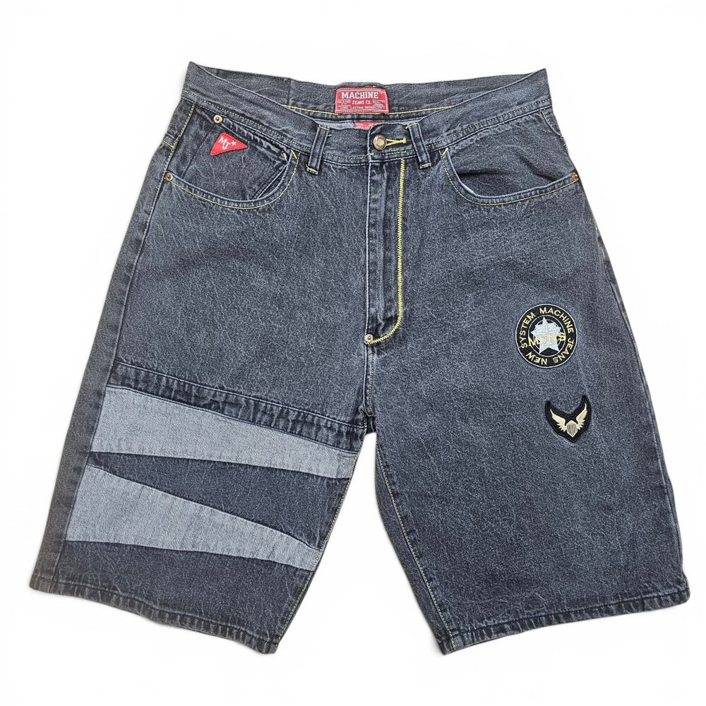 MACHINE JEANS Denim Shorts Men's 34 Y2K Baggy Embroidered Skate Punk Streetwear